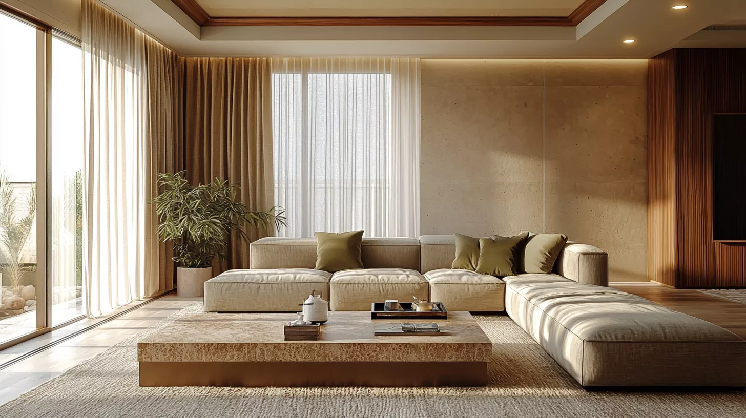 ديكور فاخر في جدة, ألوان ترابية هادئة, تشطيب مطفي, خشب بلوط, ترافرتين, ستائر كتان مع ضوء طبيعي